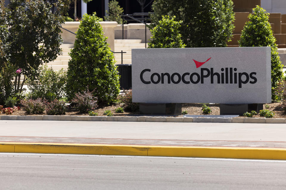 Bartlesville, Oklahoma, USA - June 25, 2023: Afternoon sunlight shines on the welcome sign to the ConocoPhillips headquarters.