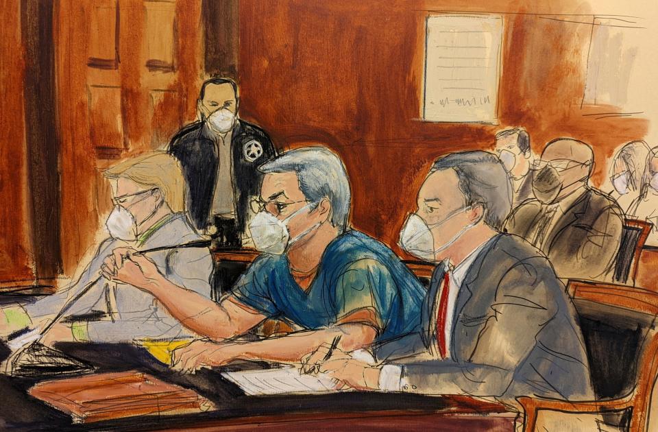 In this courtroom sketch, Juan Orlando Hernández, center, speaks into a microphone while pleading not guilty to drug trafficking and weapons charges in 2022.