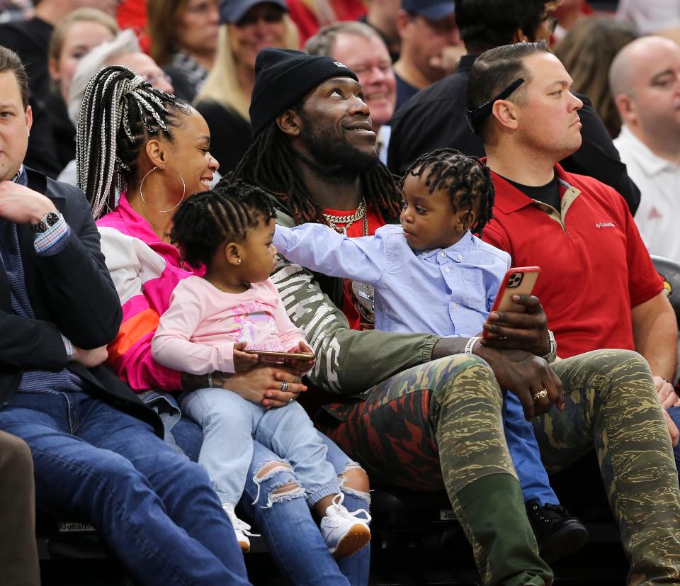Former U of L standout Montrezl Harrell returned to watch the Cards play against Syracuse during their game at the Yum Center in Louisville, Ky. on Feb. 19, 2020.  