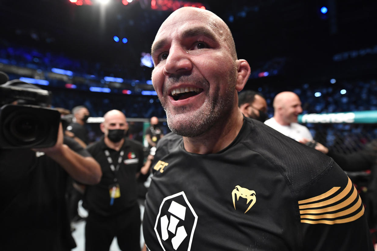 ABU DHABI, UNITED ARAB EMIRATES - OCTOBER 30: Glover Teixeira of Brazil celebrates after his victory over Jan Blachowicz of Poland in the UFC light heavyweight championship fight during the UFC 267 event at Etihad Arena on October 30, 2021 in Yas Island, Abu Dhabi, United Arab Emirates. (Photo by Chris Unger/Zuffa LLC)