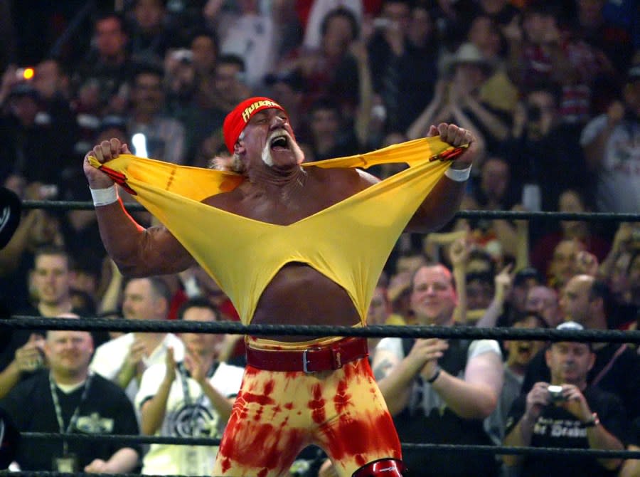 <em>FILE – In this April 3, 2005, file photo, Hulk Hogan fires up the crowd between matches during WrestleMania 21 in Los Angeles. (AP Photo/Chris Carlson, File)</em>