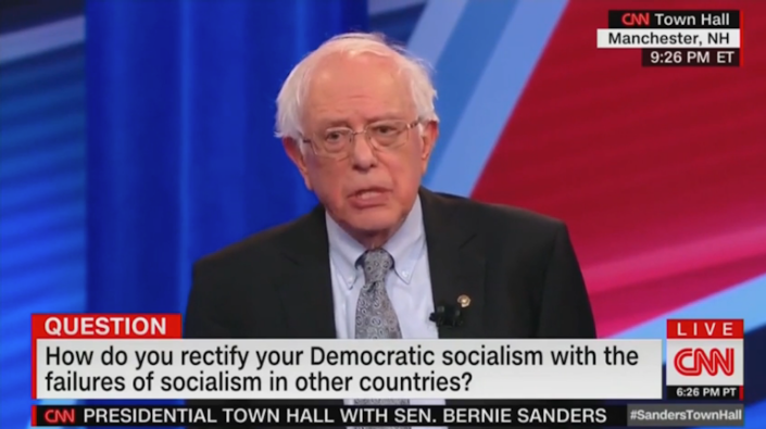 Bernie Sanders was asked at a CNN-sponsored town hall about socialism. <a href="https://www.cnn.com/videos/politics/2019/04/23/bernie-sanders-town-hall-failures-of-socialism-question-soviet-russia-sot-vpx.cnn" rel="nofollow noopener" target="_blank" data-ylk="slk:CNN screenshot;elm:context_link;itc:0" class="link ">CNN screenshot</a>