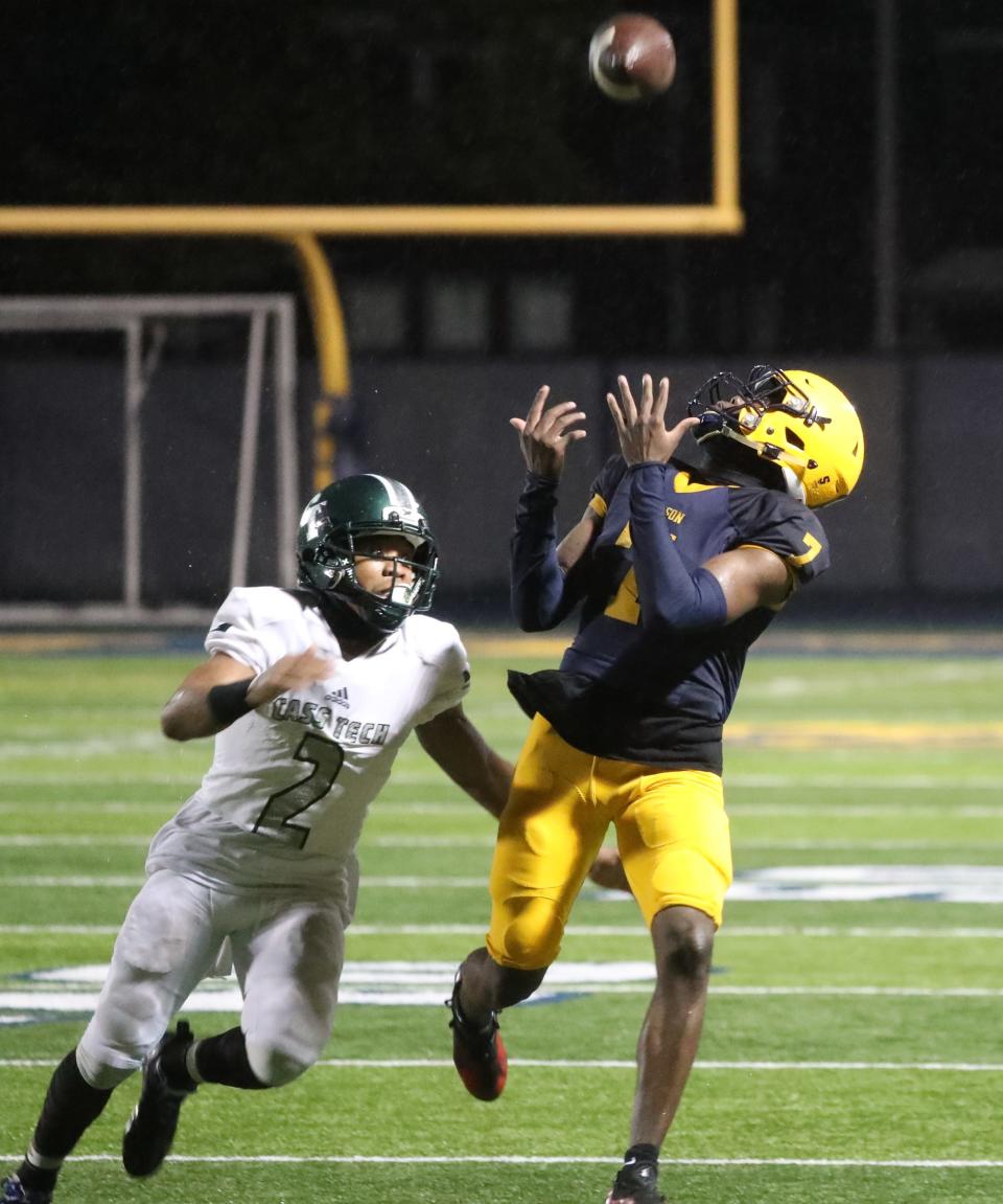 Cass Tech's Sean Hodges defends against Fordson's Antonio Gates Jr. on Friday, Oct. 29, 2021.