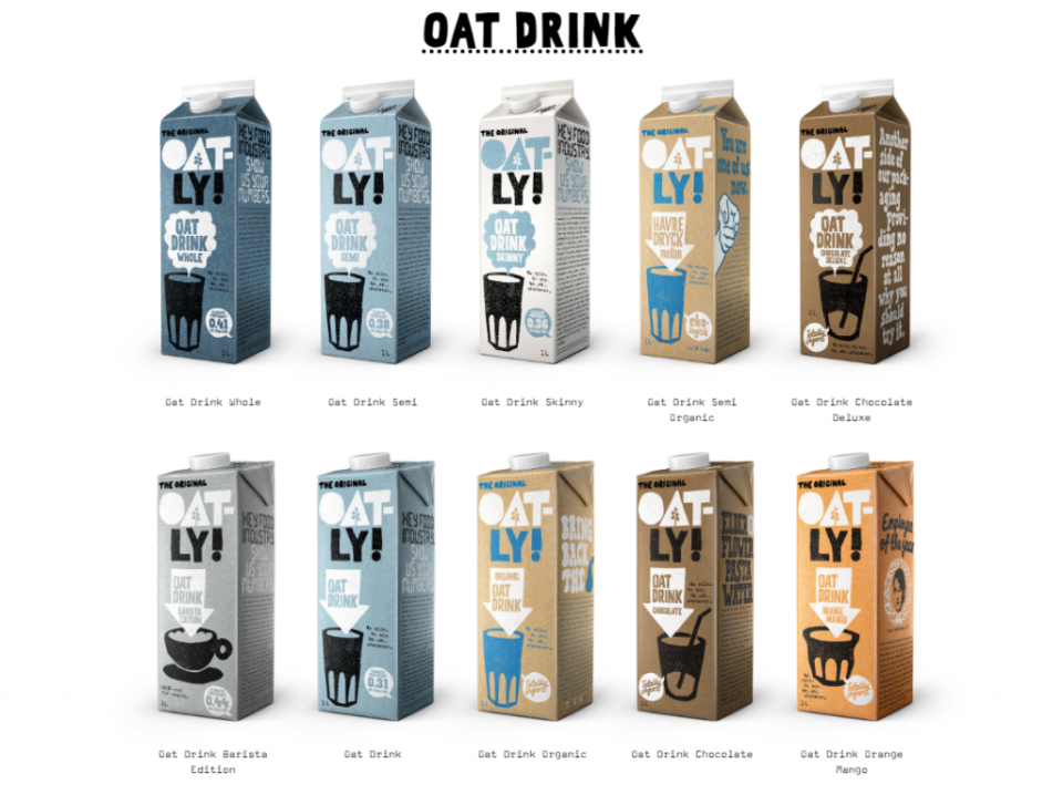 Oatly以活潑的設計吸引消費者閱讀包裝上的文字。圖片來源：Oatly 