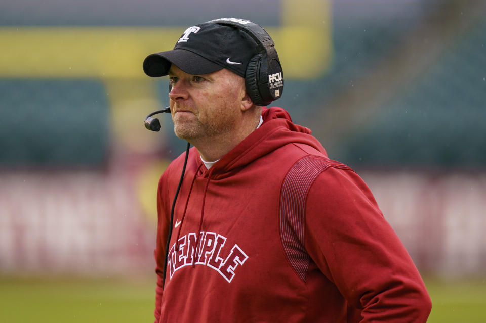 Temple head coach Rod Carey looks on during the second half of an NCAA college football against Houston, Saturday, Nov. 13, 2021, in Philadelphia. Houston won 37-8. (AP Photo/Chris Szagola)