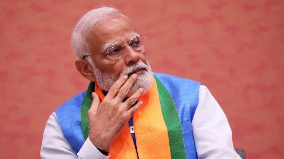 Bharatiya Janata Party (BJP) leader and Indian Prime Minister Narendra Modi addresses party members during the presentation of the party manifesto at the party"s office in New Delhi, India, 14 April 2024.