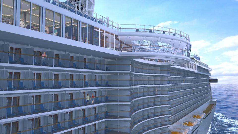 This artist’s rendering shows the SeaWalk, a glass-bottom walkway being built on the Royal Princess cruise ship, which launches in June. The walkway will extend 28 feet beyond the edge of the ship and 128 feet above the ocean. The Royal Princess is considered by cruise-industry watchers to be one of the hottest new ships of 2013. The Princess Cruises vessel will carry 3,600 passengers. (AP Photo/Princess Cruises)