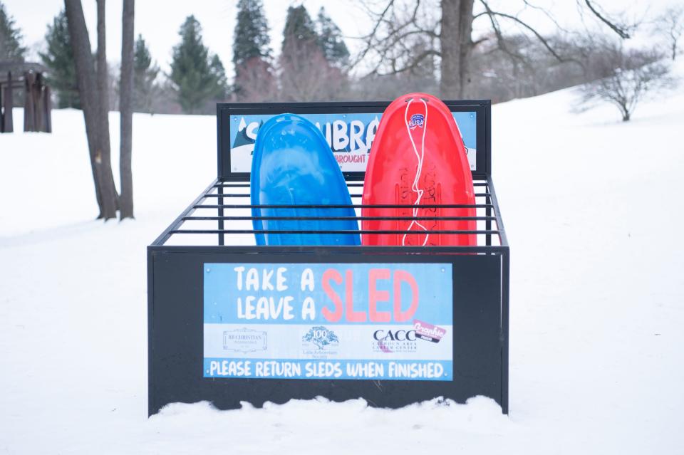 The sled library at Leila Arboretum in Battle Creek on Thursday, Feb. 2, 2023.