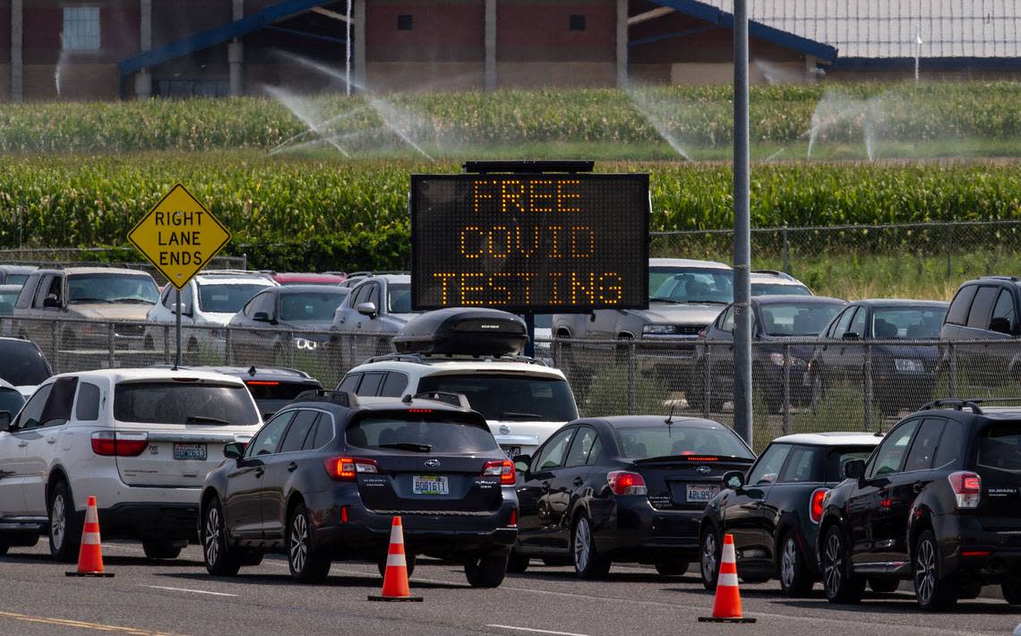 Traffic at the CBC West COVID testing site in Pasco spilled out onto West Argent Road in July 2021.