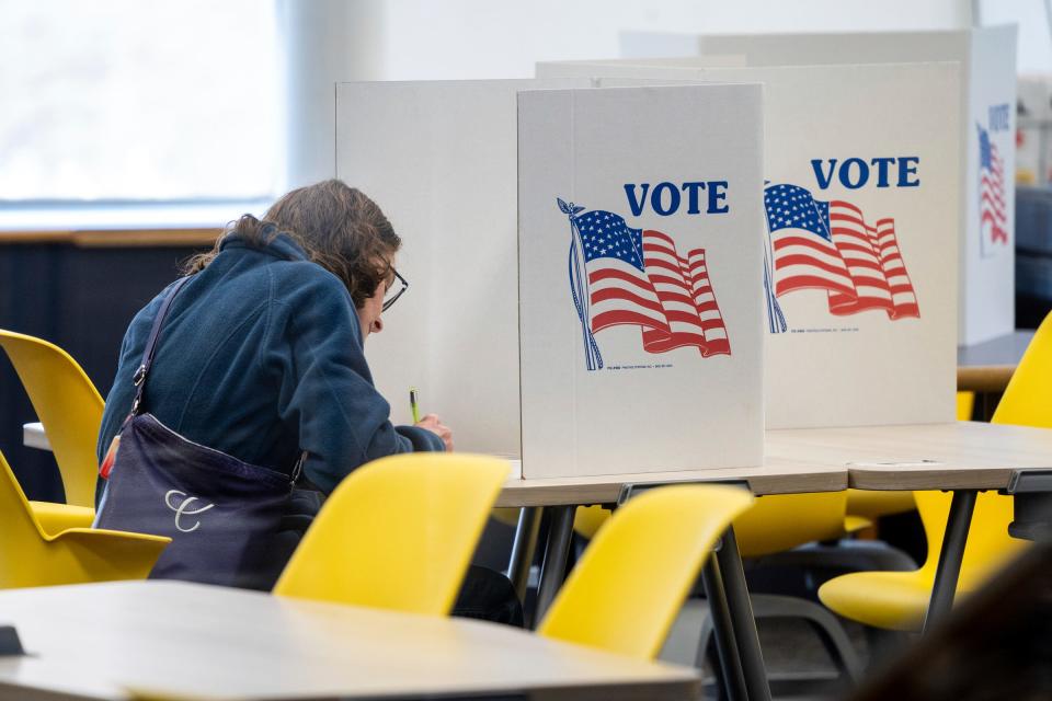 Catherine Mracna fills out her ballot while voting at Ferndale High School in Ferndale on Tuesday, November 7, 2023.