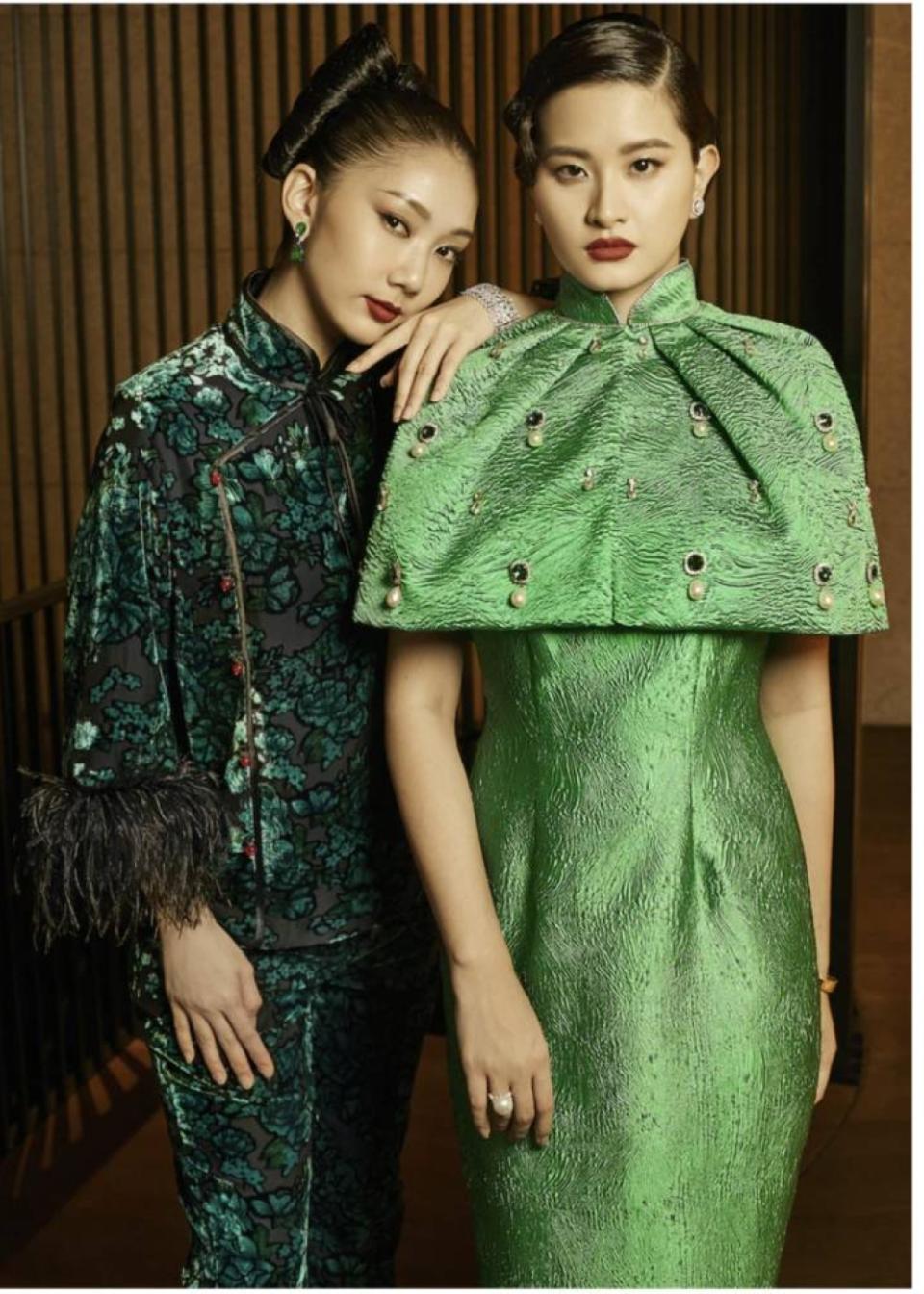 From Khoon Hooi, CNY offerings include the Li Qui (left) and Wan Qian, a fitted brocade dress with detachable crystal embellished cape. — Picture courtesy of Khoon Hooi