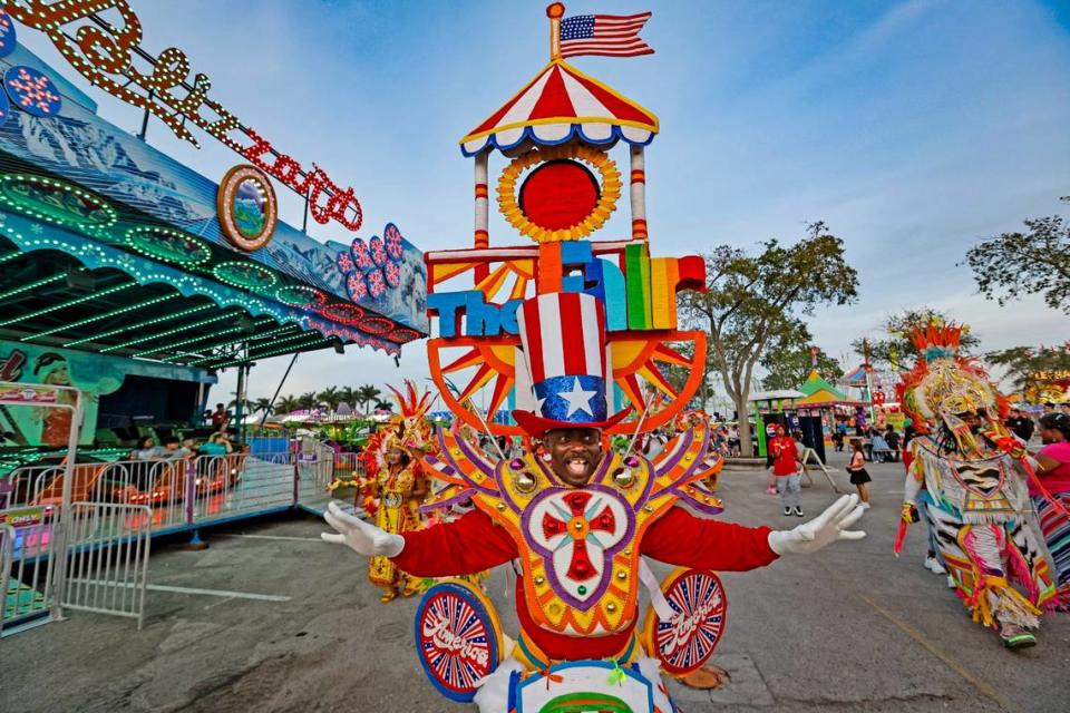 Junkanoo Rhythms Band member Ronnie Cash performs on the parade route during the 2024 Miami-Dade County Youth Fair & Exposition. The theme of the 72nd edition is “Spaceventure,” held in Miami on Thursday, March 14, 2024.