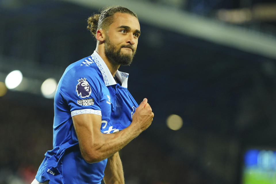 Everton's Dominic Calvert-Lewin celebrates after scoring his side's second goal during the English Premier League soccer match between Everton and Liverpool at the Goodison Park stadium in Liverpool, Britain, Wednesday, April 24, 2024. (AP Photo/Jon Super)