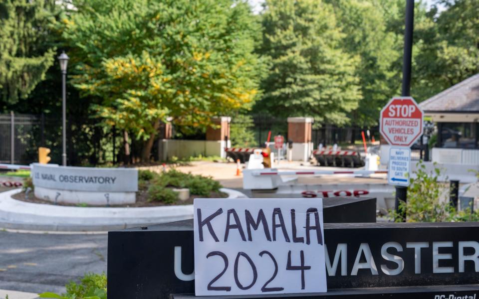 A sign is placed in front of the US Naval Observatory, where Kamala Harris lives