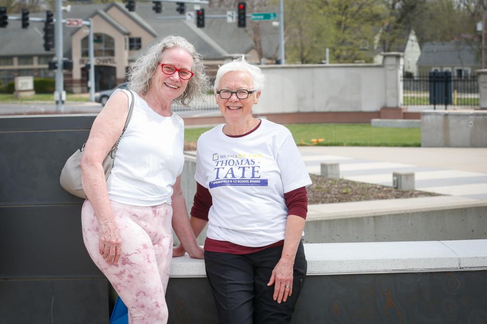 Maggie Castrey, left, and Carolyn Ruff served as electioneers for SPS School Board Candidate Shurita Thomas-Tate at the Davis-Harrington Welcome Center on Missouri State University's campus on Tuesday, April 4, 2023.