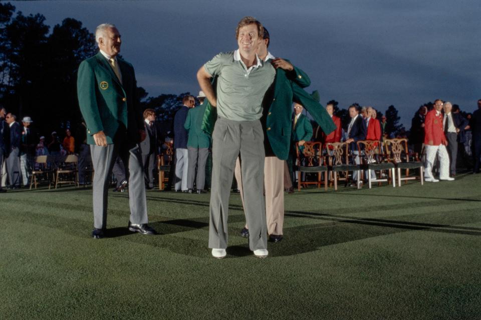 Tom Watson is congratulated after the green jacket presentation at Augusta National Golf Club on April 12, 1981.