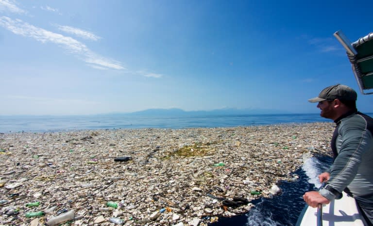 This island of plastic waste, which includes bags, spoons and bottles, floats off the coast of Roatan, Honduras