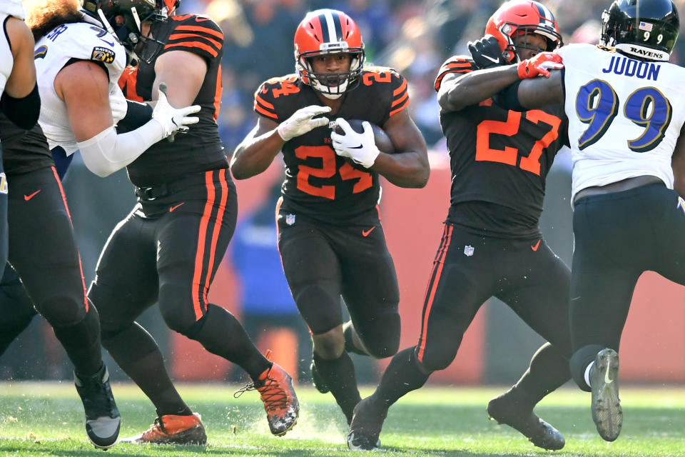 CLEVELAND, OH - DECEMBER 22, 2019: Running back Nick Chubb #24 of the Cleveland Browns carries the ball in the first quarter of a game against the Baltimore Ravens on December 22, 2019 at FirstEnergy Stadium in Cleveland, Ohio. Baltimore won 31-15. (Photo by: 2019 Nick Cammett/Diamond Images via Getty Images)