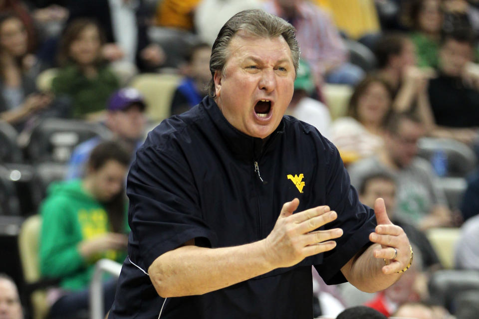 Head coach Bob Huggins of the West Virginia Mountaineers reacts against the Gonzaga Bulldogs during the second round of the 2012 NCAA Men's Basketball Tournament at Consol Energy Center on March 15, 2012 in Pittsburgh, Pennsylvania. (Photo by Gregory Shamus/Getty Images)