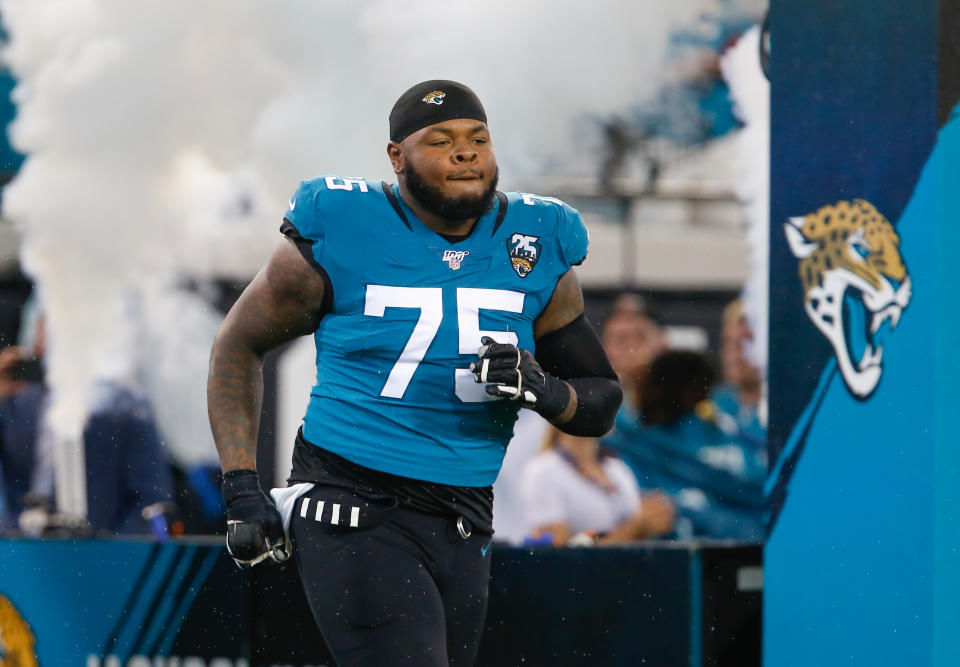 Sep 19, 2019; Jacksonville, FL, USA; Jacksonville Jaguars offensive tackle Jawaan Taylor (75) is introduced during pregame against the Tennessee Titans at TIAA Bank Field. Mandatory Credit: Reinhold Matay-USA TODAY Sports