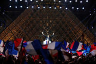 French President-elect Emmanuel Macron celebrates on the stage at his victory rally near the Louvre in Paris, France May 7, 2017. REUTERS/Christian Hartmann