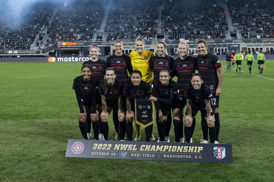 WASHINGTON, DC - OCTOBER 29: The starting lines up for the Portland Thorns FC on the pitch for the start of the 2022 National Womens Soccer League Championship Match against Kansas City Current at Audi Field on October 29, 2022 in Washington, DC. (Photo by Ira L. Black/Getty Images)