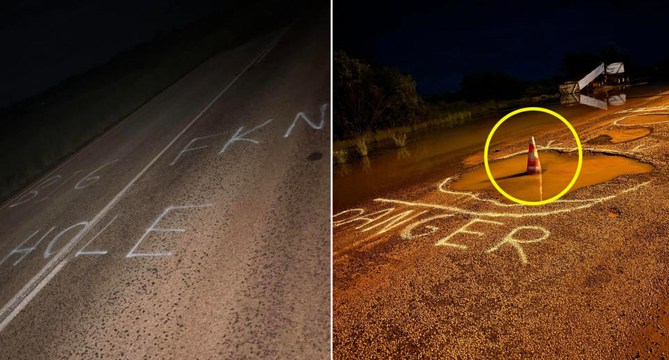 Left: Image of road with 'big fkn hole' spray painted on it. Right: 'danger' spray painted onto road with a cone in the middle of a large pothole.