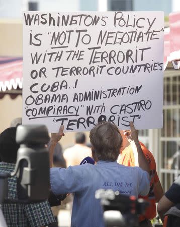 Anti-Castro activist Miguel Saavedra protests in Little Havana in Miami, Florida December 17, 2014. REUTERS/Javier Galeano