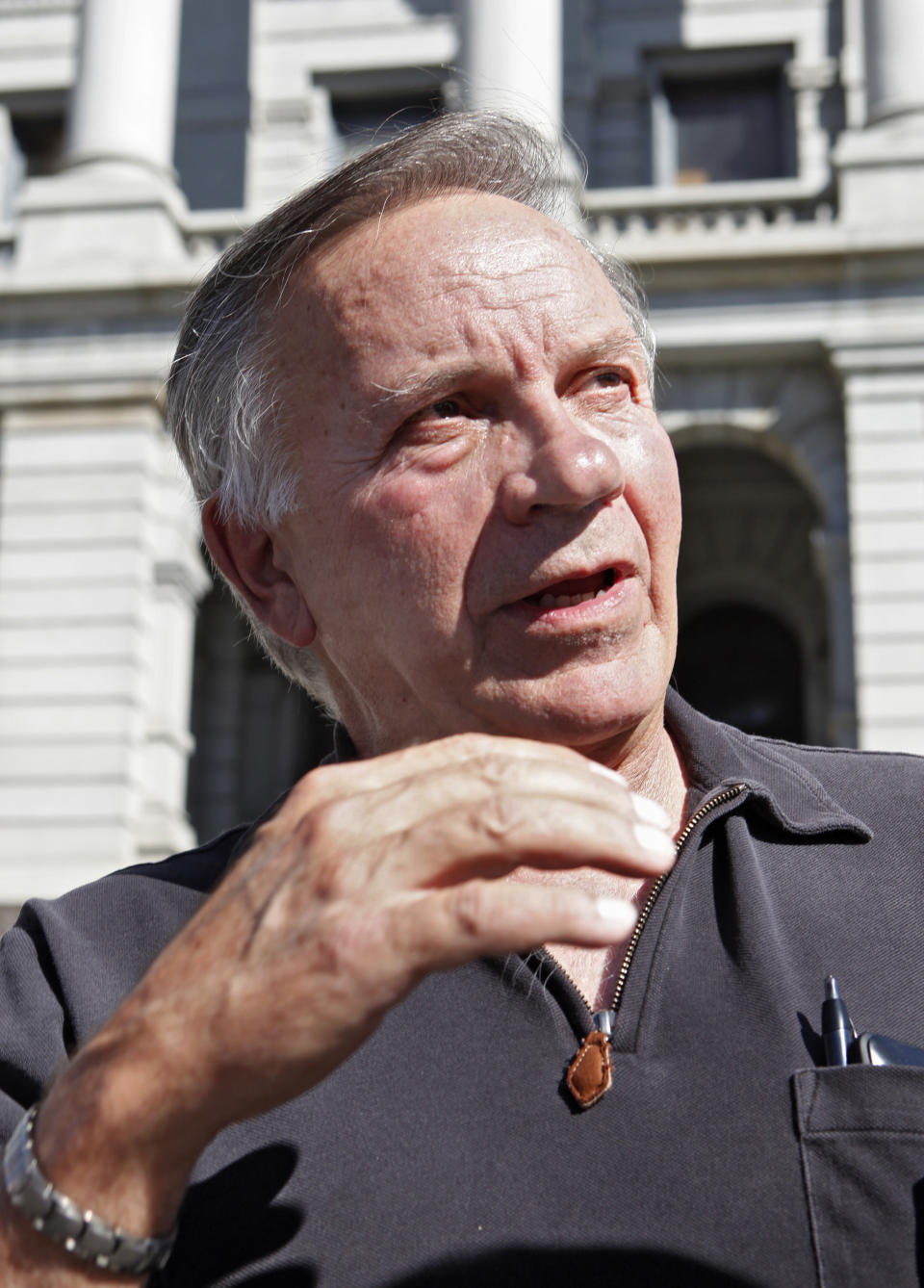 In this Oct. 2, 2012 photo, former Republican U.S. Rep. Tom Tancredo speaks out in favor supporting Amendment 64 to legalize marijuana in Colorado during a news conference at the Capitol in Denver. Tancredo, a suburban Denver Republican who briefly ran for president in 2008, launched a radio ad this week in which he compares marijuana prohibition to alcohol prohibition as a “failed government program” that, in this case, “steers Colorado money to criminals in Mexico.” (AP Photo/Ed Andrieski)