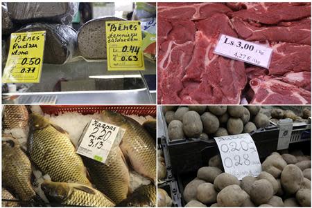 A combination photo shows different food products displayed with dual currency pricings in a central market in Riga October 22, 2013. REUTERS/Ints Kalnins