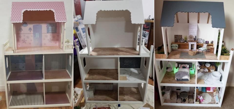 What Wendy's dollhouse looked like when she found it, when she painted it, and with all the new furniture in it