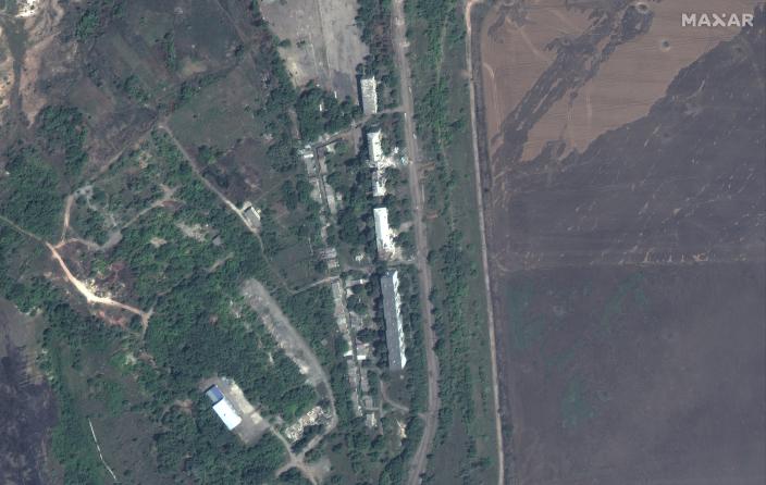 Buildings and fields seen east of Bakhmut city in Ukraine in August last year before the region came under heavy shelling and missile attacks (Satellite image ©2023 Maxar Technologies)