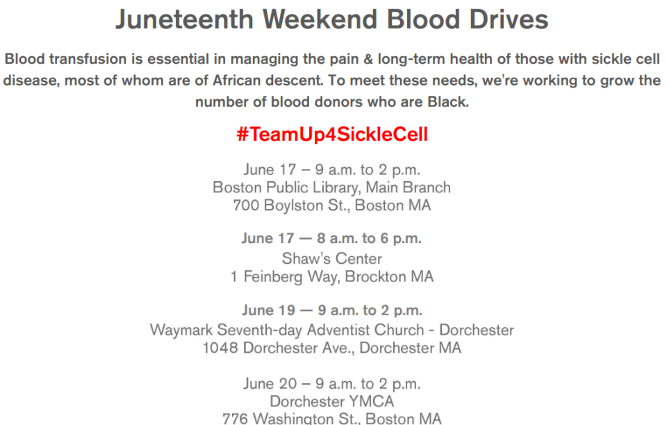 The Red Cross is holding Juneteenth Weekend blood drives in Massachusetts specifically looking for Black donors.