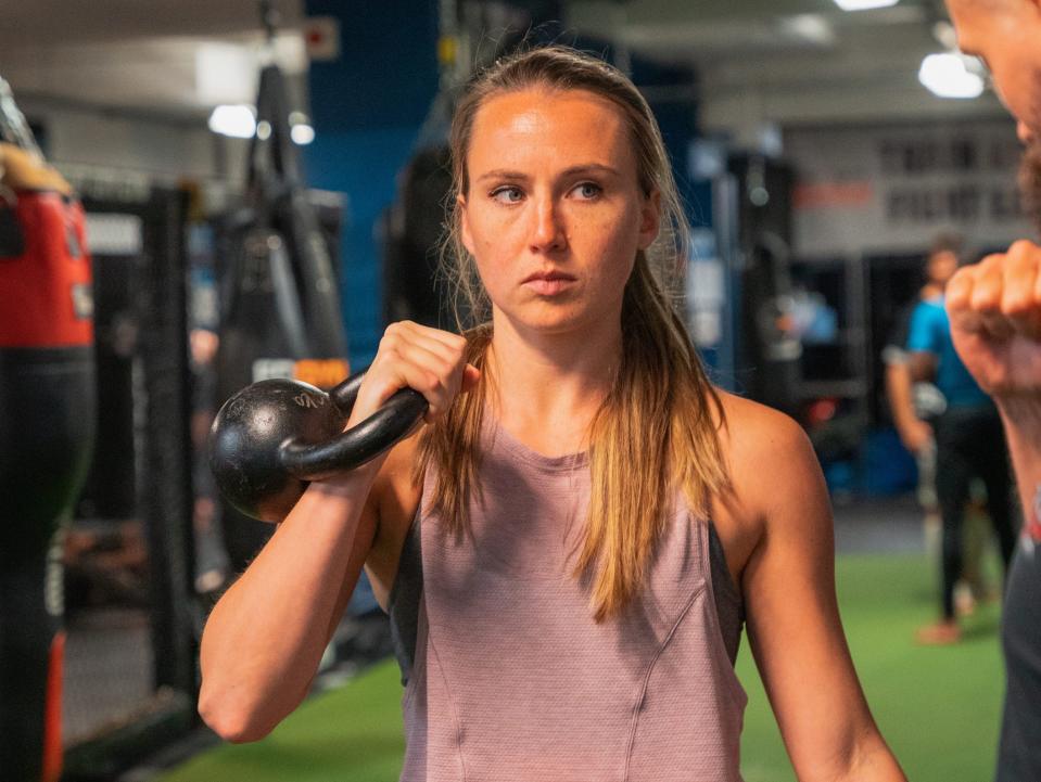 Rachel in the kettlebell clean position.