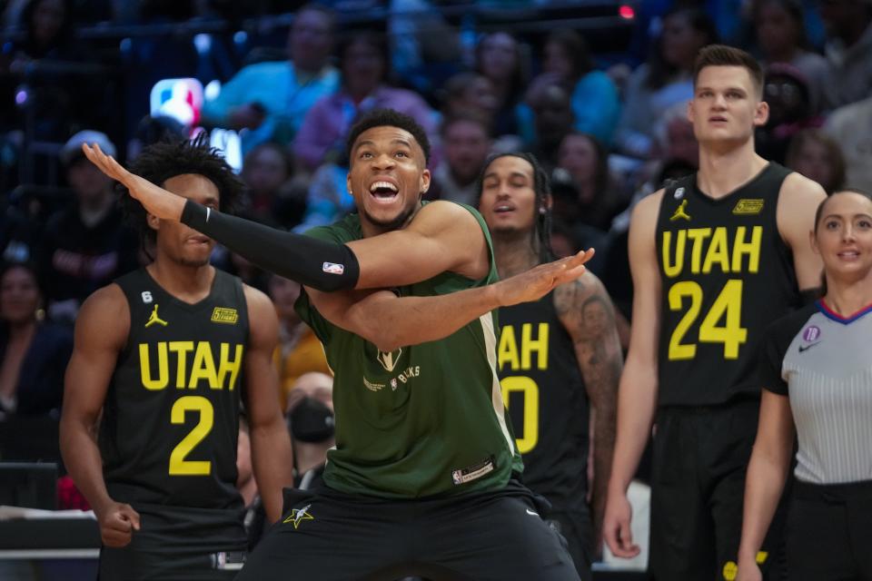 Milwaukee Bucks Giannis Antetokounmpo reacts during the skills challenge of the NBA basketball All-Star weekend Saturday, Feb. 18, 2023, in Salt Lake City. (AP Photo/Rick Bowmer)