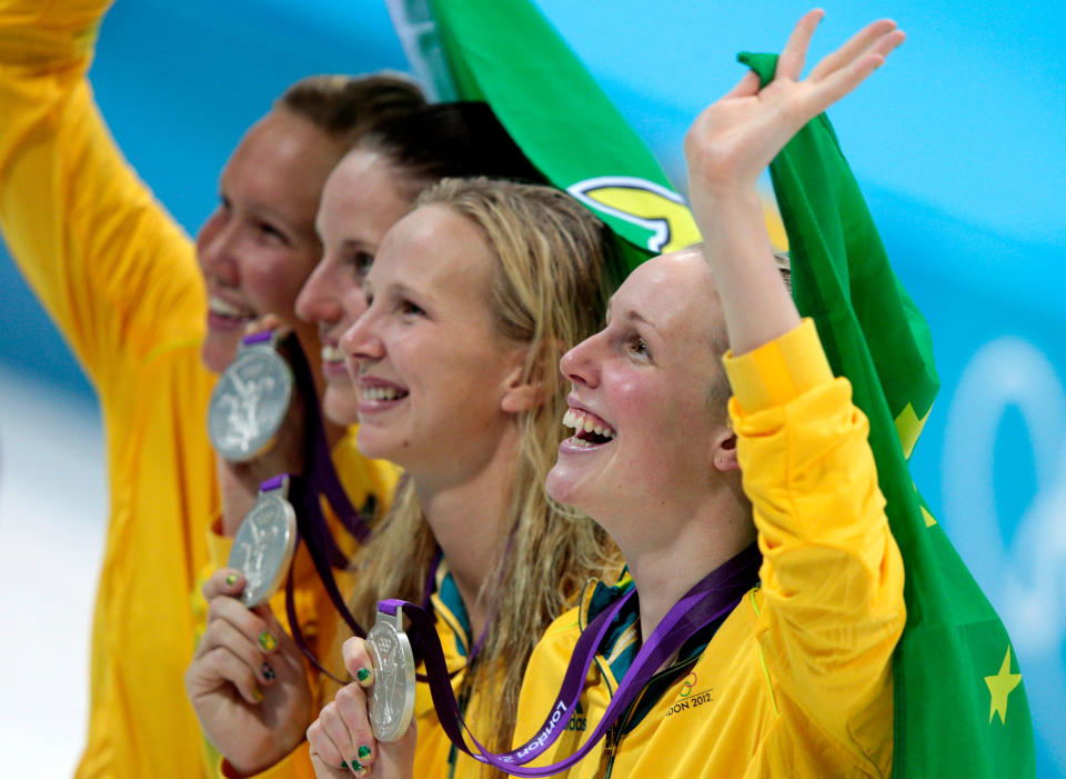 LONDON, ENGLAND - AUGUST 01: (L-R) Kylie Palmer, Alicia Coutts, Melanie Schlanger and Bronte Barratt of Australia pose with their silver medals following the medal ceremony for the Women's 4x200m Freestyle Relay on Day 5 of the London 2012 Olympic Games at the Aquatics Centre on August 1, 2012 in London, England. (Photo by Adam Pretty/Getty Images)