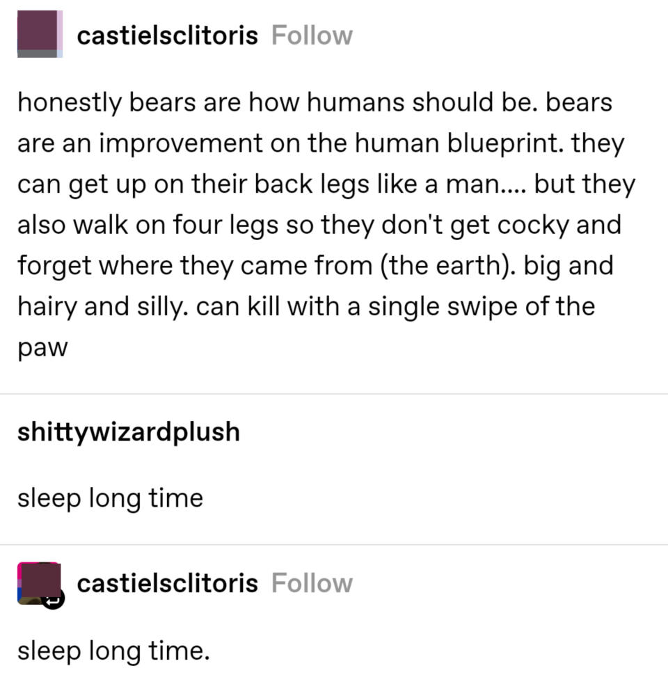 Person says bears are how humans should be because they can get on their back legs and walk on all fours so they don't get cocky and forget where they came from, kill with a single swipe of the paw, and "sleep long time" (which someone repeats)