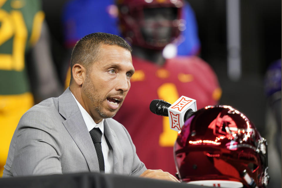FILE - Iowa State head football coach Matt Campbell speaks from the stage during NCAA college football Big 12 media days in Arlington, Texas, in this Wednesday, July 14, 2021, file photo. The Cyclones are coming off their best season in program history. They reached the Big 12 championship game for the first time, beat Oregon in the Fiesta Bowl and finished 9-3 and No. 9 in the final Associated Press Top 25.(AP Photo/LM Otero)