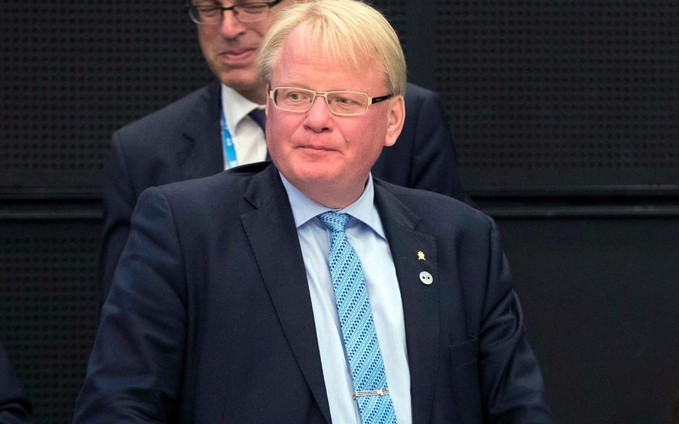 FILE - In this file photo dated Thursday, Sept. 7, 2017, Sweden's Defence Minister Peter Hultqvist looks on during a meeting of the EU ministers of defence in Tallinn, Estonia. Sweden's defence minister, Hulqvist said Monday May 31, 2021, he wants Denmark to explain why that country's foreign secret service allegedly helped the United States spy on European leaders and officials in Germany, France, Sweden and Norway. (AP Photo/Liis Treimann, FILE) - Liis Treimann/AP
