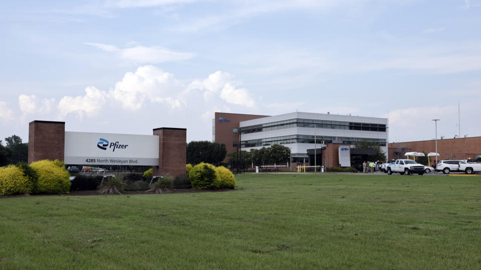 The Pfizer facility is seen on Wednesday, July 19, 2023, following a tornado that heavily damaged a major Pfizer pharmaceutical plant in Rocky Mount, N.C. (AP Photo/Chris Seward)