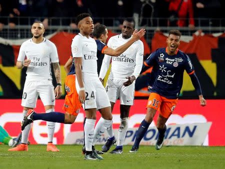 Football Soccer - Montpellier v Paris St Germain - French Ligue 1 - Mosson stadium, Marseille, France 03/12/2016 - Montpellier's Ellyes Skhiri (C) reacts after scoring against Paris St Germain. REUTERS/Jean-Paul Pelissier