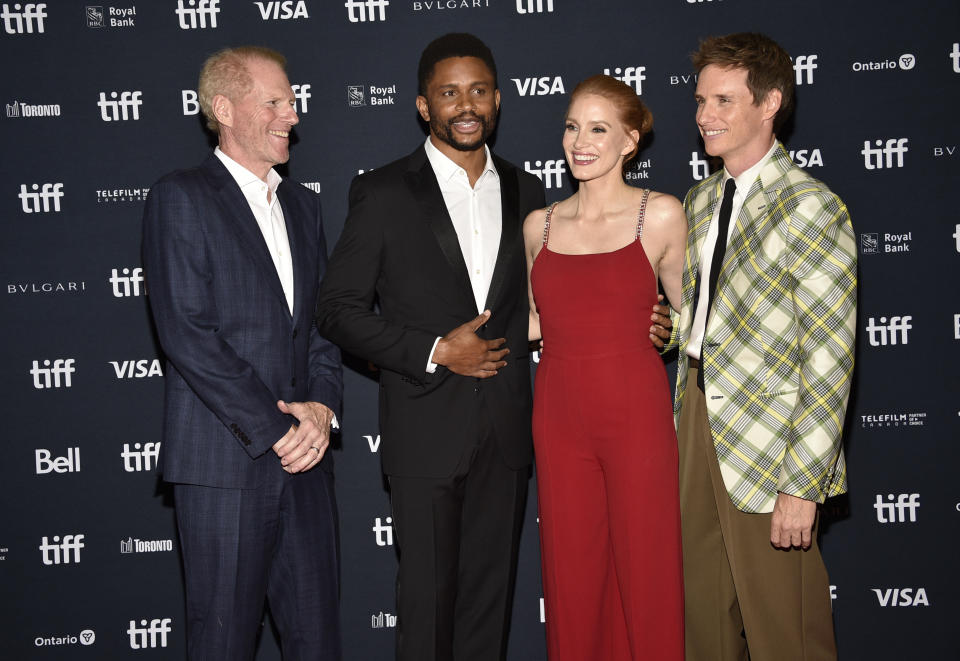 Noah Emmerich, from left, Nnamdi Asomugha, Jessica Chastain, and Eddie Redmayne attend the premiere of "The Good Nurse" at the Princess of Wales Theatre during the Toronto International Film Festival, Sunday, Sept. 11, 2022, in Toronto. (Photo by Evan Agostini/Invision/AP)