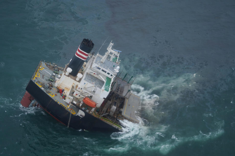 This photo provided by the Japan Coast Guard shows   Crimson Polaris, a vessel that has broken apart and leaked oil off Hachinohe, northeastern Japan, Aug. 12, 2021. / Credit: / AP