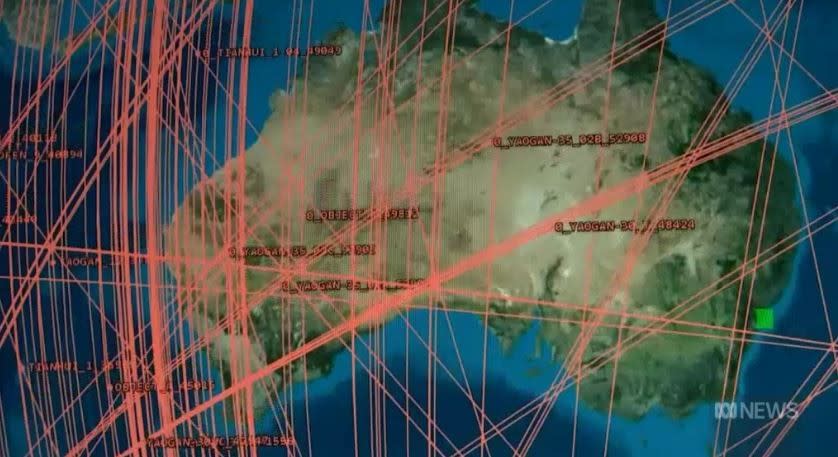 澳洲國防企業EOS太空系統公司追蹤中國衛星活動，並繪出中國低軌衛星移動路徑。翻攝澳洲廣播公司abc.net.au