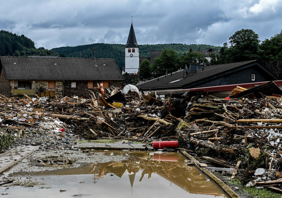 Flood damage in front of a church Thursday in Schuld, Germany.
