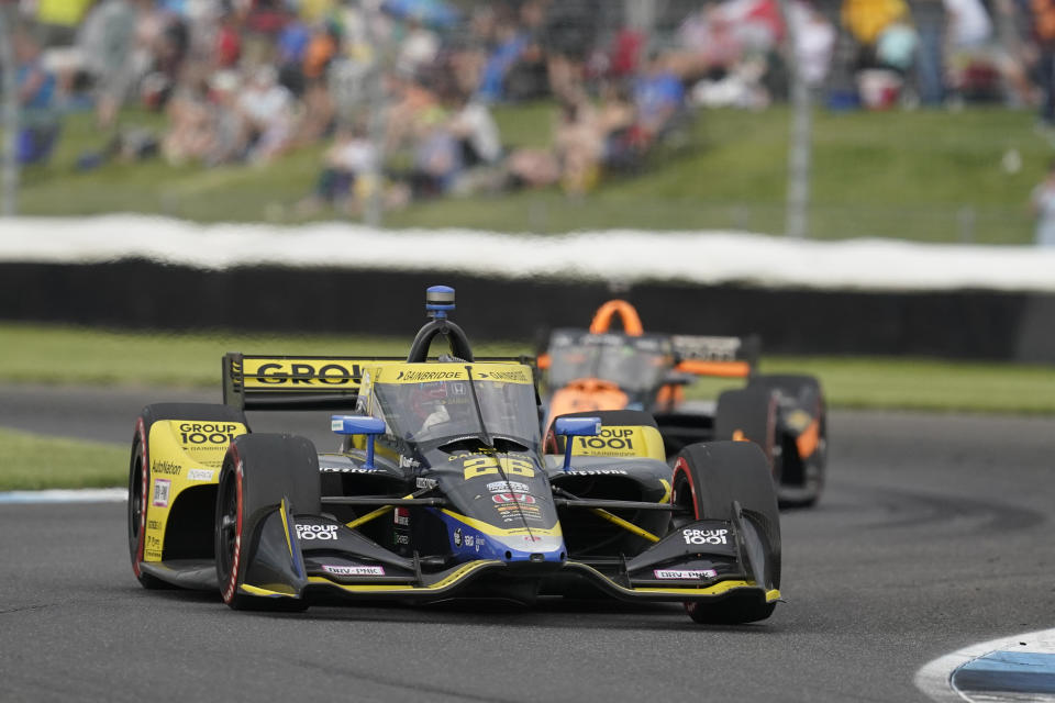 Colton Herta drives during an IndyCar auto race at Indianapolis Motor Speedway, Saturday, May 14, 2022, in Indianapolis. (AP Photo/Darron Cummings)