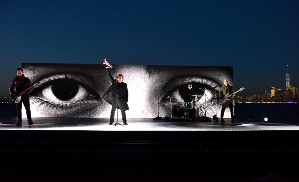 <p>The Edge, Bono, Larry Mullen Jr., and Adam Clayton of U2 perform remotely during the 60th Annual Grammy Awards on January 28, 2018, in New York City. (Photo: Getty Images) </p>