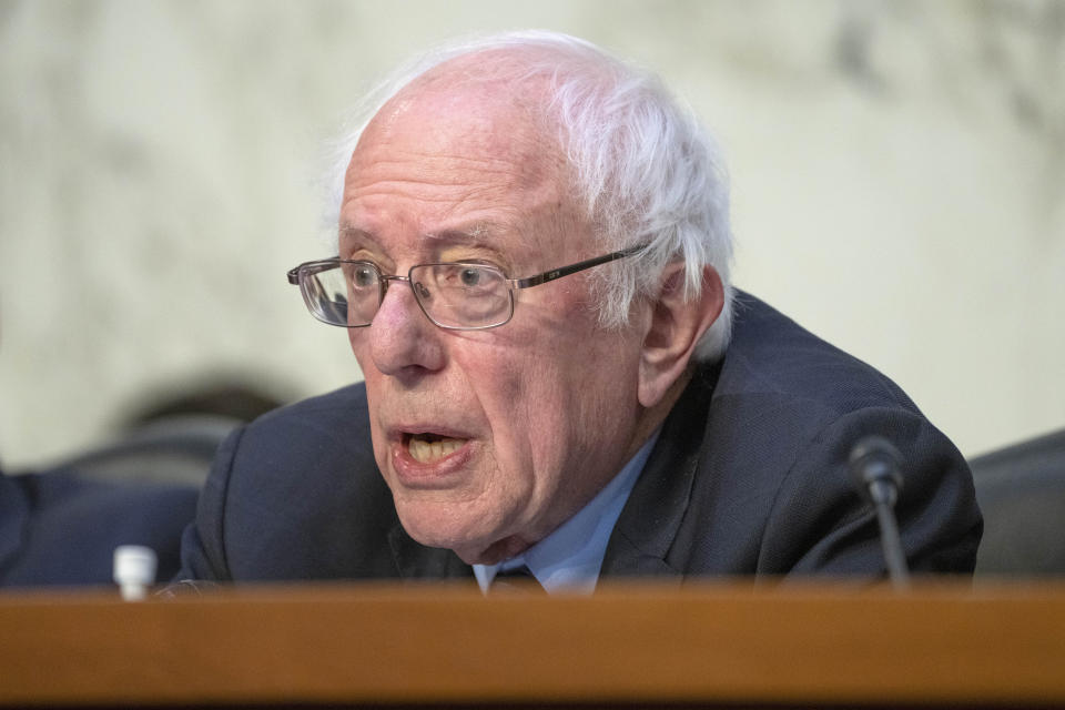 Senate HELP Committee Chair Sen. Bernie Sanders, I-Vt., questions Moderna CEO and Director Stephane Bancel during a committee hearing on the price of the COVID-19 vaccine, Wednesday, March 22, 2023, on Capitol Hill in Washington. (AP Photo/Jacquelyn Martin)