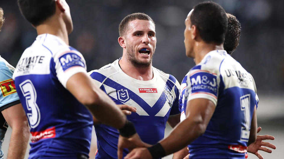 Adam Elliott, pictured here in action for the Bulldogs against the Cronulla Sharks.