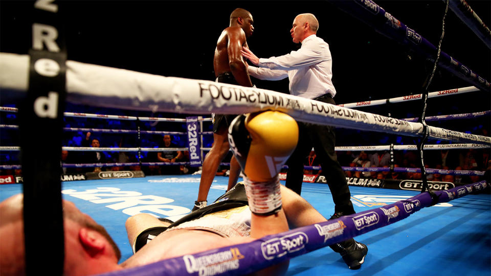 The referee tells Daniel Dubois to go to the corner after he knocked down Nathan Gorman during the British Heavyweight Title fight between Daniel Dubois and Nathan Gorman at The O2 Arena on July 13, 2019 in London, England. (Photo by James Chance/Getty Images)